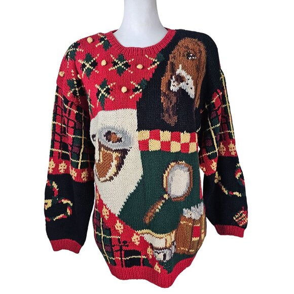The Eagle'S Eye Sweaters - Vtg 1990 Eagles Eye Tartan Plaid Sweater Sz M Hound Dog Pipe Ugly Christmas